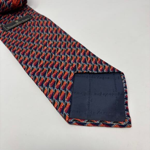 Ermenegildo Zegna Red Blue Waved Patterned 58"x3.5" Silk Tie - Picture 2 of 5